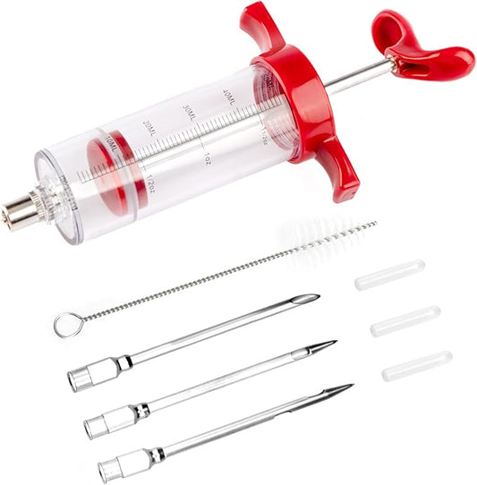 Turkey Meat Injector Syringe Kit with 3 Marinade Needles for BBQ Grill Smoker, 1 Cleaning Brush, 1.7 Oz/50 ml Large Capacity Injector Marinades for Meats Red