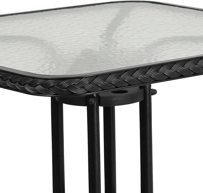 Flash Furniture Barker 28'' Square Tempered Glass Metal Table with Black Rattan Edging