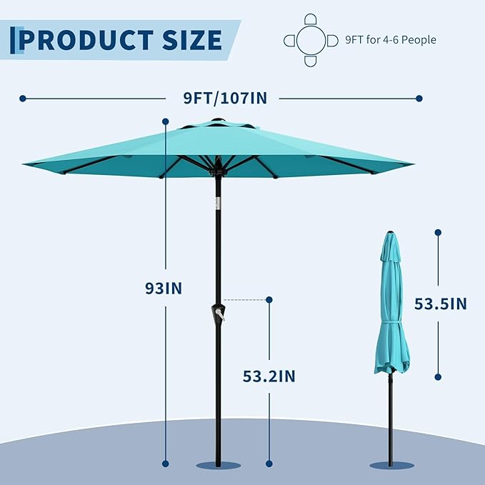 GarveeLife 9FT Umbrella Outdoor Patio, Pool Umbrella with Push Button Tilt and Crank, 8 Sturdy Ribs Waterproof UV Protection for Garden, Table, Backyard, Market | Table Umbrella Waterproof UV Protection for Garden, Pool, Deck, Backyard, Market (Sky Blue)