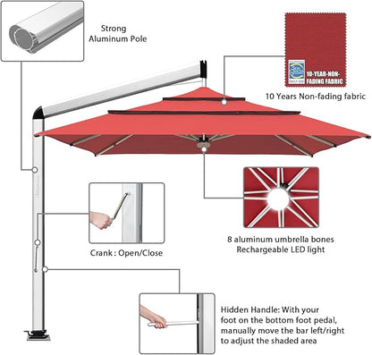 EliteShade USA Atlas 3-Tier 10x10FT Full Aluminum Cantilever Patio Umbrella for Outdoor restaurant Garden Courtyard Deck Pool and Marketing with Light,Red