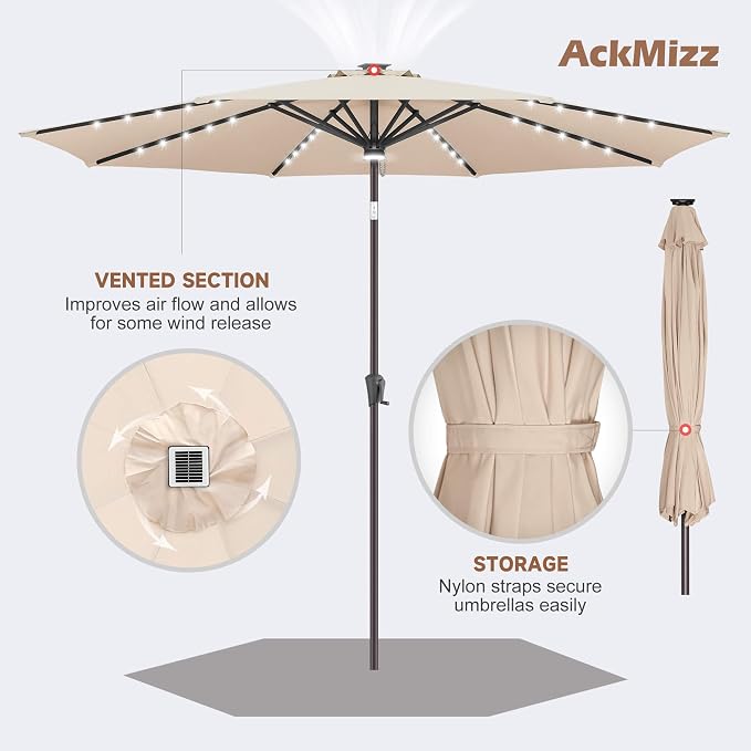 Solar Patio Umbrella with Centre Light, 10 ft Beige | 40 LED Lights, UV Protection, Solar Outdoor Umbrella for Porch, Deck, Pool, Table, Garden, Provides Evening Lighting