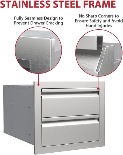 18" W x 23" D x 15" H Outdoor Double Kitchen Drawers, Stainless Steel Kitchen Grill Cabinet Combo Flush for BBQ Island Patio and Grill Station