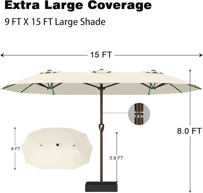 AreShark 15FT Large Rectangular Patio Umbrella with Solar Lights, Off-White | Rectangle Lighted Outdoor Umbrella with Crank, Double-Sided Market Umbrella with Base for Porch, Lawn, Pool, Backyard