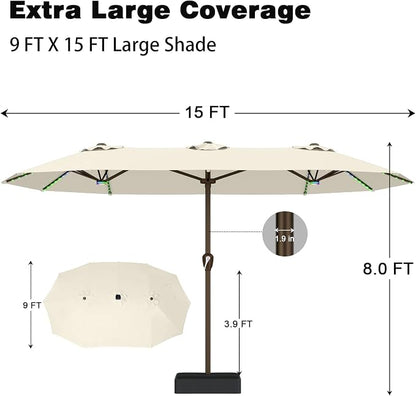 AreShark 15FT Large Rectangular Patio Umbrella with Solar Lights, Off-White | Rectangle Lighted Outdoor Umbrella with Crank, Double-Sided Market Umbrella with Base for Porch, Lawn, Pool, Backyard