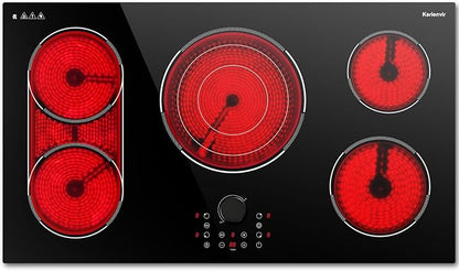 36 Inch Electric Cooktop, 5 Burner Stove Top 9600W, Built in Electric Cooktop 36", Magnetic Knob, Three-ring Burner & BBQ, Timer, Safety Lock, Pause, 220V-240V Hard Wire (No Plug)