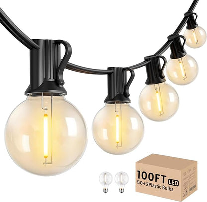 LACHON Outdoor String Lights Waterproof 100 FT, Patio Lights Outside with 52 Shatterproof G40 Bulbs, Dimmable Hanging Globe Lighting for Bistro Backyard Cafe Market Porch, Warm White 2700K