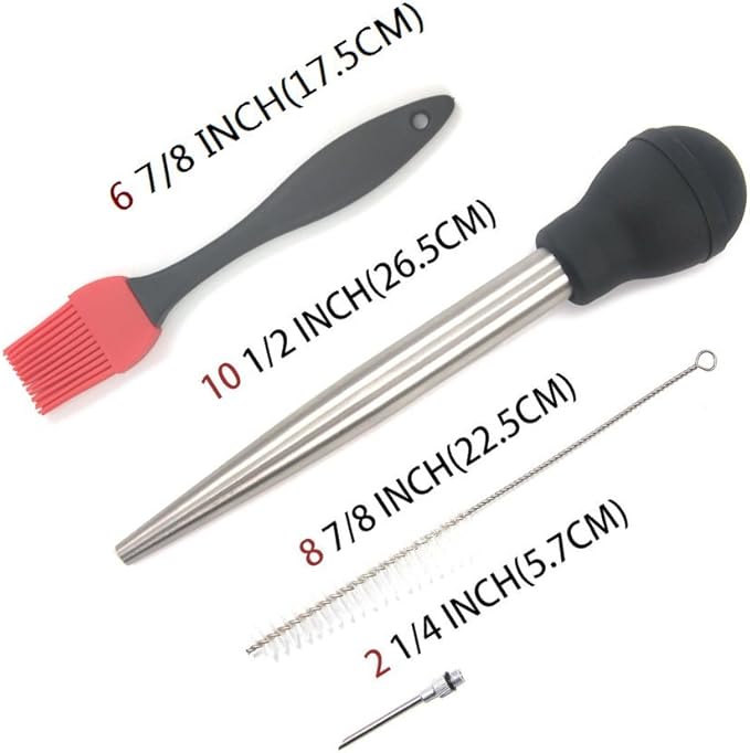 Stainless Steel Turkey Baster Syringe & Silicone Basting Brush Set, Rubber Bulb Manual Pump with Needle and Cleaning Brush