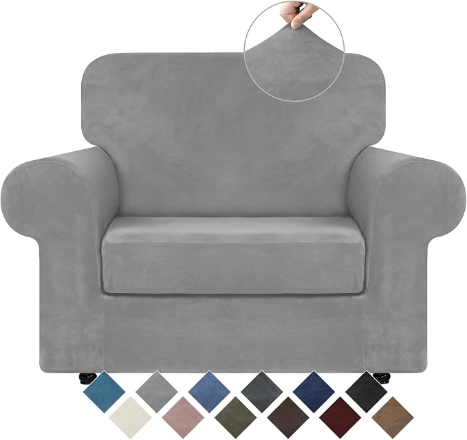 WEERRW Velvet Stretch 2 Pieces Chair Sofa Slipcovers Washable, Silver Grey | Armchair Slipcovers Luxury Soft Velvet Plush Furniture Protector Couch Cover with Elastic Bottom for Kids Pets, Small