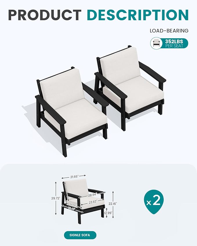 SERWALL HDPE Outdoor Couch Set of 2, All-Weather Wood-Like Patio Furniture Set, Black Outdoor Sofa Chairs with Khaki Cushions