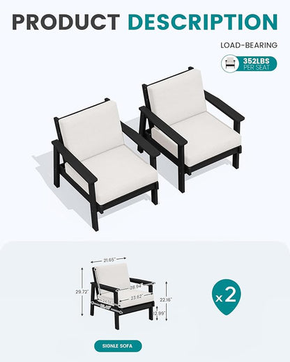 SERWALL HDPE Outdoor Couch Set of 2, All-Weather Wood-Like Patio Furniture Set, Black Outdoor Sofa Chairs with Khaki Cushions