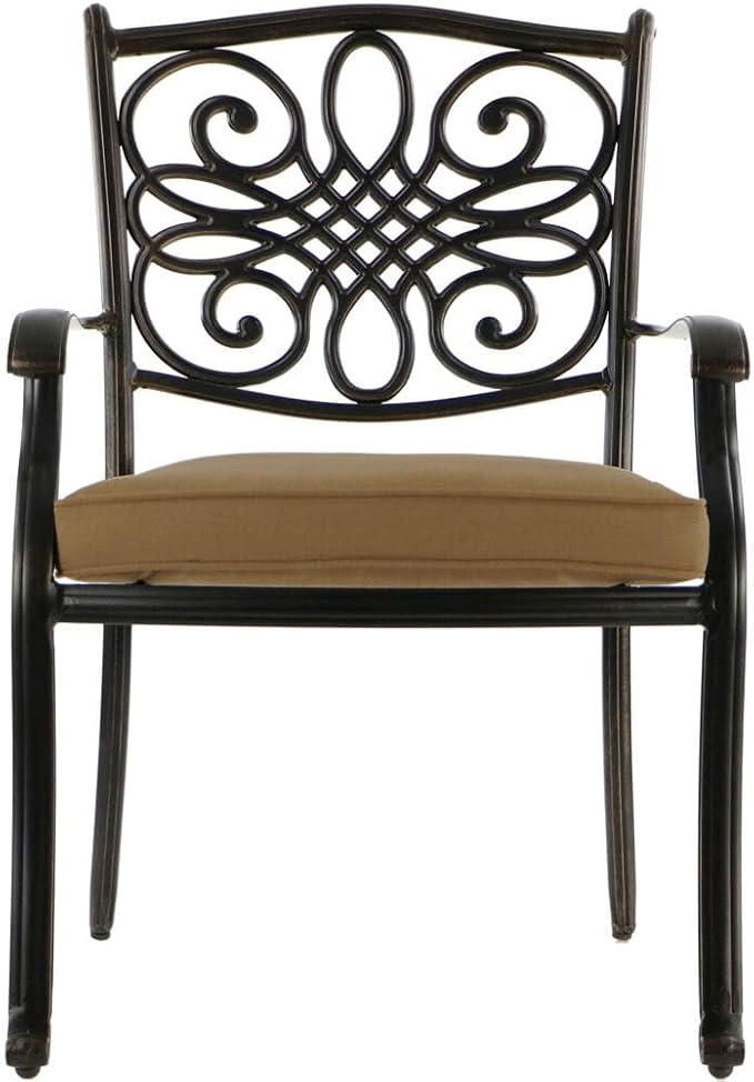Hanover Traditions 9-Piece Patio Dining Set with 60" Square Cast-Top Dining Table and 8 Chairs with Tan Cushions, Modern All Weather Outdoor Dining Set with Rust-Resistant Aluminum Frames for Backyard