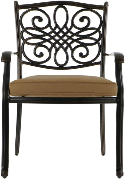 Hanover Traditions 9-Piece Patio Dining Set with 60" Square Cast-Top Dining Table and 8 Chairs with Tan Cushions, Modern All Weather Outdoor Dining Set with Rust-Resistant Aluminum Frames for Backyard