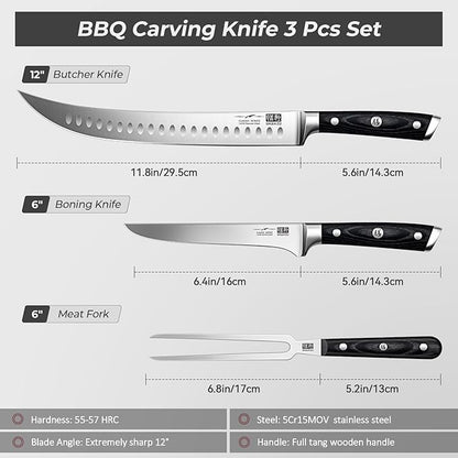 SHAN ZU 3Pcs BBQ Carving Knife Set with Sheath – for Turkey, Meat, BBQ, Brisket, Razor Sharp Slicing Knife, Professional 5Cr15MoV Stainless Steel, Ergonomic Full Tang Wood Handle, Gift Box Included