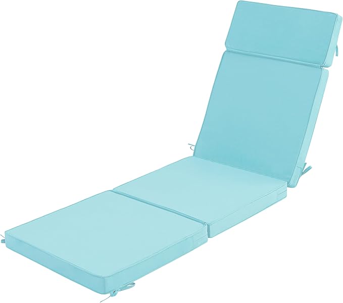 72 x 21 Inch Outdoor Chaise Lounge Cushion - Removable Cover, 4-Section Design, Water-Repellent & Fade-Resistant, 6 Tie Straps, Replacement for Patio & Pool Chairs - Light Blue
