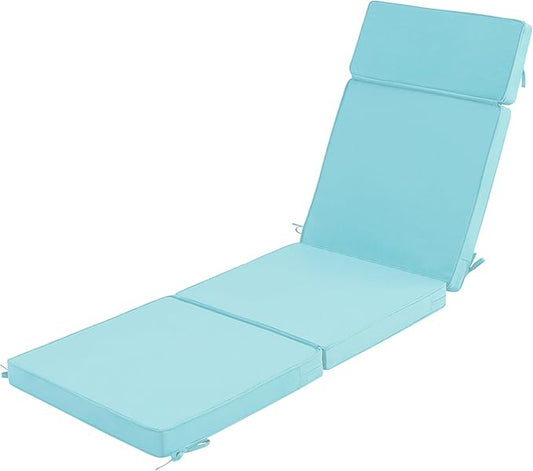 72 x 21 Inch Outdoor Chaise Lounge Cushion - Removable Cover, 4-Section Design, Water-Repellent & Fade-Resistant, 6 Tie Straps, Replacement for Patio & Pool Chairs - Light Blue