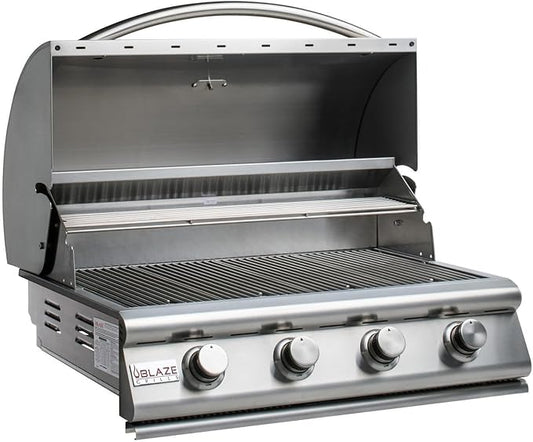 Blaze Prelude LBM Built-In Natural Gas Grill | 32-Inch 4-Burner BBQ with 56,000 BTUs | 304 Stainless Steel Construction | Flame Stabilizing Grids | BLZ-4LBM-NG