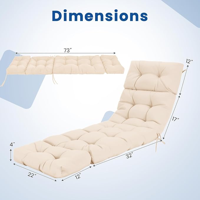 Tangkula Chaise Lounge Cushions Outdoor, 73 x 22 Inch Patio High Back Recliner Cushion with 4 String Ties, 4” Thick Padded Lounge Chair Cushion Replacement for Outdoor Indoor Furniture (1, Beige)