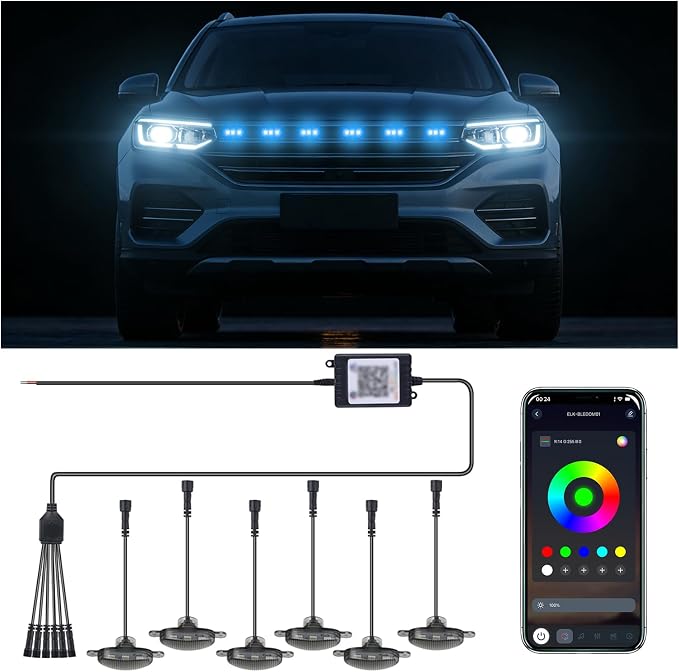 RGB LED Grill Lights,6 in 1 Car Front Grilles Light,Waterproof Car Exterior Grille Lamps,LED Atmosphere Grills Lights for Trucks