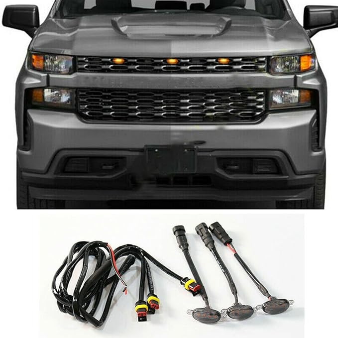 compatible with Amber LED Lights 3PCS Front Grill Lamps Car Accessories with Harness wire,Yellow Lens Compatible with Chevrolet Silverado 1500 2016 2017 2018 2019 2020 2021 Style Grille Trim
