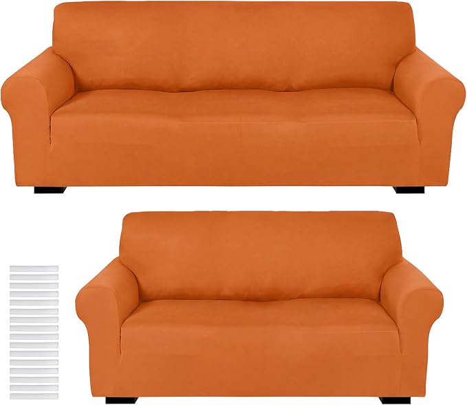 Peryiter 2 Pcs Couch and Loveseat Sofa Covers,Orange,Milk Silk | Armchair Covers for Living Room, Sofa Cushion Slipcover 2/3 Seater, Furniture Protector, Polyester and Spandex, Washable