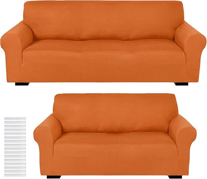 Peryiter 2 Pcs Couch and Loveseat Sofa Covers,Orange,Milk Silk | Armchair Covers for Living Room, Sofa Cushion Slipcover 2/3 Seater, Furniture Protector, Polyester and Spandex, Washable