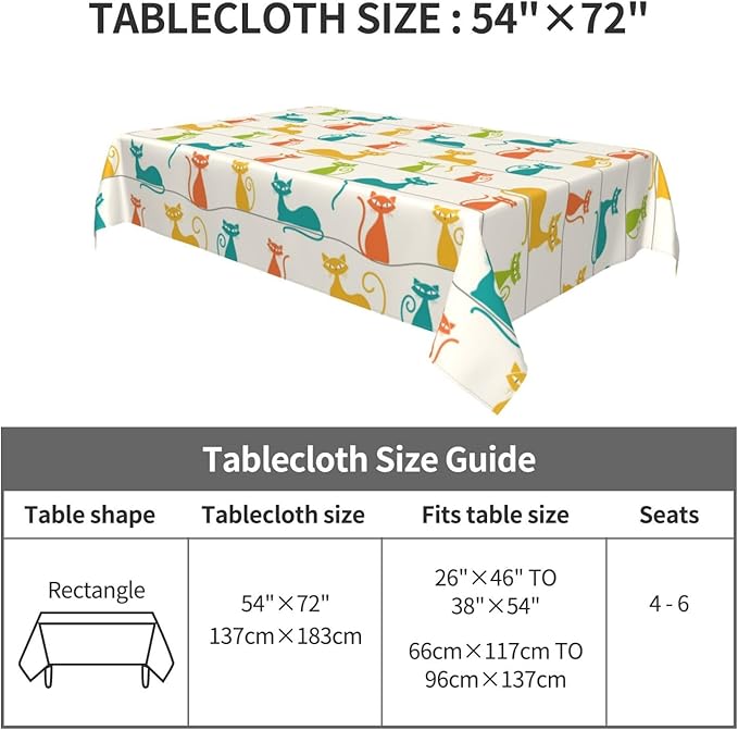 Mid Century Modern Cats Table Cloth, Cute Tablecloth Waterproof, Kitchen Dining Room Decorative Table Cover for Party Decorations Outdoor and Indoor, Rectangular 54x72 Inch