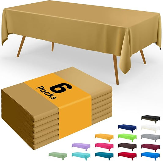 Smiry Disposable Table Cloth - 6 Pack, 54 x 108 Inch Waterproof Rectangle Tablecloths for Parties, Decorative Plastic Table Cover, Leakproof & Sturdy, Gold