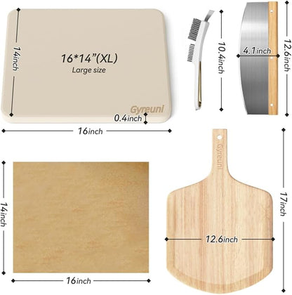 Gyreuni 16'' Cordierite Pizza Stone for Oven and Grill with Pizza Peel Set | Baking stone set includes 16 inch Pizza stone,pizza peel,brush, pizza cutter and cooking paper,Great gifts for pizza lovers.