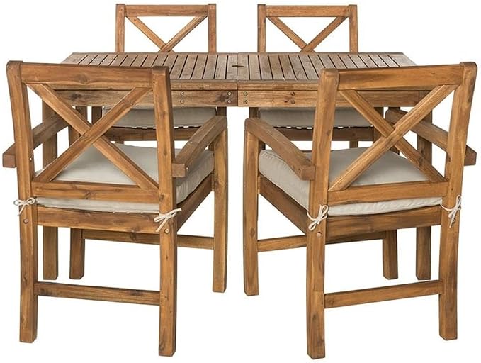 Walker Edison Delray Classic 5 Piece Acacia Wood Outdoor Dining Table and X-Back Chair Set with Cushions, Set of 5, Brown