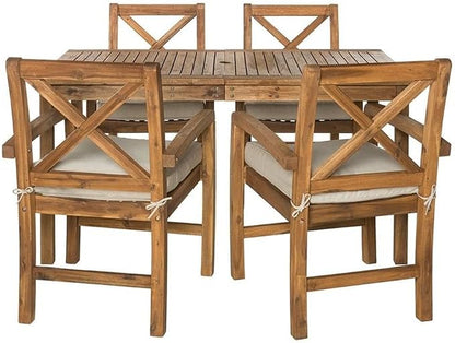 Walker Edison Delray Classic 5 Piece Acacia Wood Outdoor Dining Table and X-Back Chair Set with Cushions, Set of 5, Brown