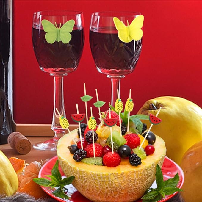 Minisland Mix-colored Watermelon Pineapple Leaf Cocktail Picks, 4.7 Inch Long Bamboo Fancy Toothpicks for Appetizers, Decorative Hawaiian Party Food Drinks Fruit Skewer Sticks 100 Counts - MSL115