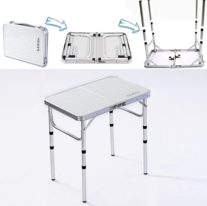 YUFIFAIRY Small Folding Table Portable, 24" L x16 W Foldable Camp Table | Lightweight Aluminum Folding Camping Table for Indoor Outdoor Cooking Picnic, 3 Adjustable Height 10"/19"/24"