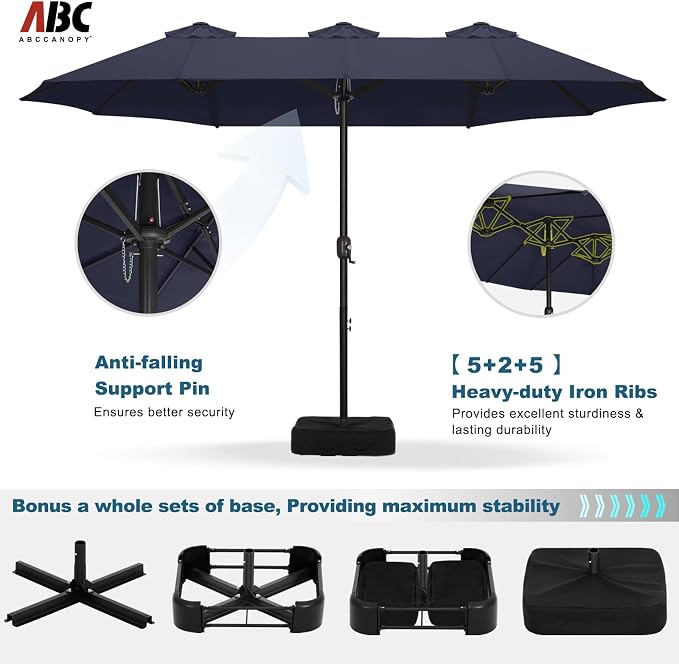 ABCCANOPY 15FT Double-Sided Rectangle Patio Umbrella with Base, Navy Blue | Rectangular Outdoor Table Umbrella with Crank, Heavy Duty Market Umbrella Shade for Garden,Poolside, Lawn, Backyard
