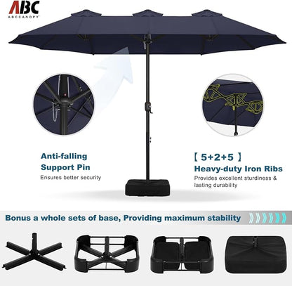 ABCCANOPY 15FT Double-Sided Rectangle Patio Umbrella with Base, Navy Blue | Rectangular Outdoor Table Umbrella with Crank, Heavy Duty Market Umbrella Shade for Garden,Poolside, Lawn, Backyard