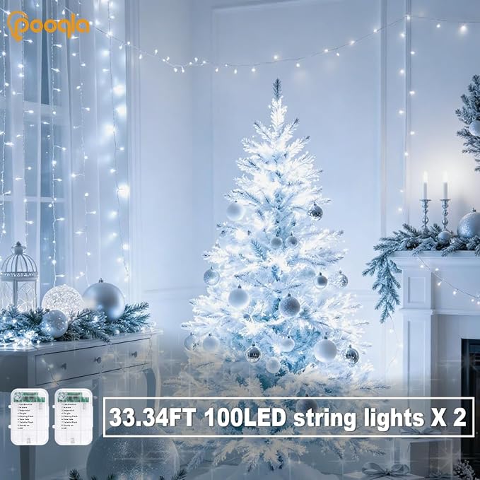 Pooqla 2 Pack String Lights Battery Operated, Total 66.6ft 200 LED Fairy Lights Indoor Outdoor Decorations, 8 Modes Cool White Battery Christmas Lights for Bedroom Classroom Porch Party Yard Decor