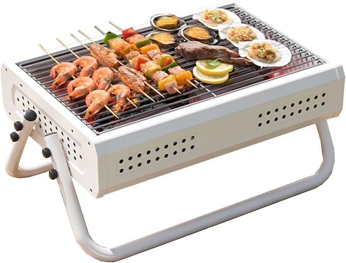 Portable Charcoal Grill Small, BBQ Grill Folding Portable Lightweight Smoker Grill, Barbecue Grill Small Desk Tabletop Outdoor Grill for Camping Picnics Garden Beach Party (Color : /White)