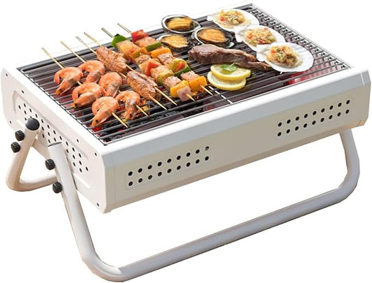 Portable Charcoal Grill Small, BBQ Grill Folding Portable Lightweight Smoker Grill, Barbecue Grill Small Desk Tabletop Outdoor Grill for Camping Picnics Garden Beach Party (Color : /White)