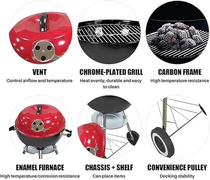 BBQ Grill Barbeque Grill Portable Charcoal Grill Steel Grill Integrated Wheels for BBQ Patio Outdoor Cooking Picnic Barbeque Grill Camping (Rosso)