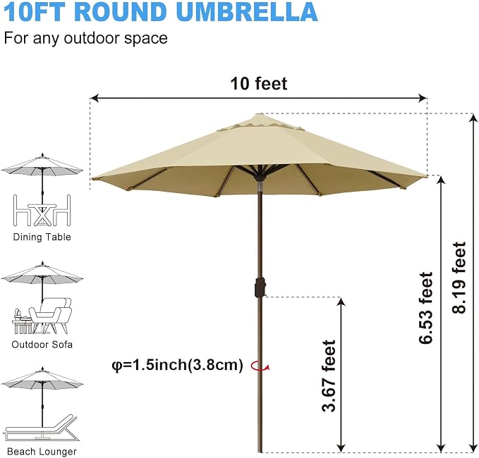 Eurmax USA 10-Year-Non-Fading 10FT Outdoor Patio Market Umbrella,UPF50+ UV Resistant Sun Shade,Heavy Duty Commercial Grade,Crank Lift&Tilt,Windproof Vented Top for Garden,Pool,Deck,Sand
