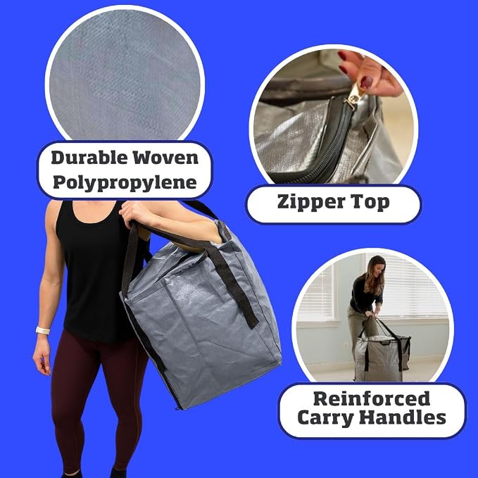 DURASACK 22-Gallon Zipper Top Heavy Duty Storage Tote Bags, Single, Gray | Rugged Woven Polypropylene Moving Bag, Reusable Self-Standing Design, Holds up to 500 Pounds