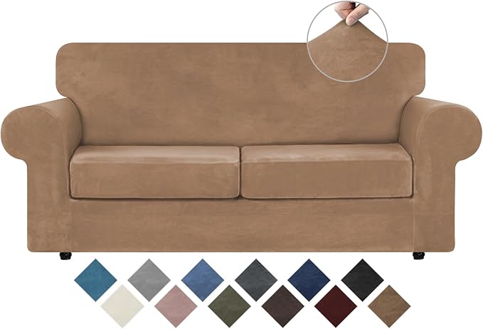 WEERRW Velvet Stretch 3 Pieces Couch Cover for Sofa Washable, Camel | Love Seat Couch Covers for 2 Cushion Couch Sofa Furniture Protector slipcoves with Elastic Bottom for Kids, Medium