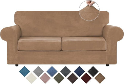 WEERRW Velvet Stretch 3 Pieces Couch Cover for Sofa Washable, Camel | Love Seat Couch Covers for 2 Cushion Couch Sofa Furniture Protector slipcoves with Elastic Bottom for Kids, Medium