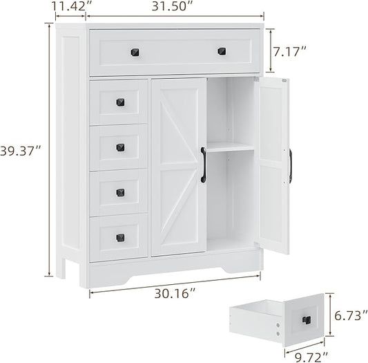 Vabches Farmhouse Storage Cabinet with 2 Doors and 5 Drawers, Freestanding Bathroom Cabinets Kitchen Pantry, Floor Storage Cabinet Hutch Cupboard for Living Room/Bathroom/Kitchen.White