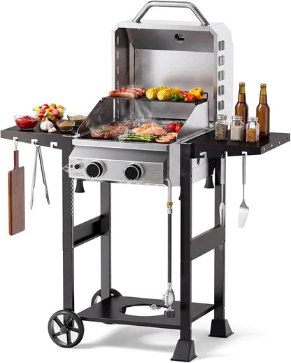 Electactic 2 Burner Propane Gas Grill, 16,000 BTU Stainless Steel BBQ Grill with Folding Side Tables, Convertible to Tabletop Design, Enameled Cast Iron Grates, Barbecue Grill for Camping, Patio