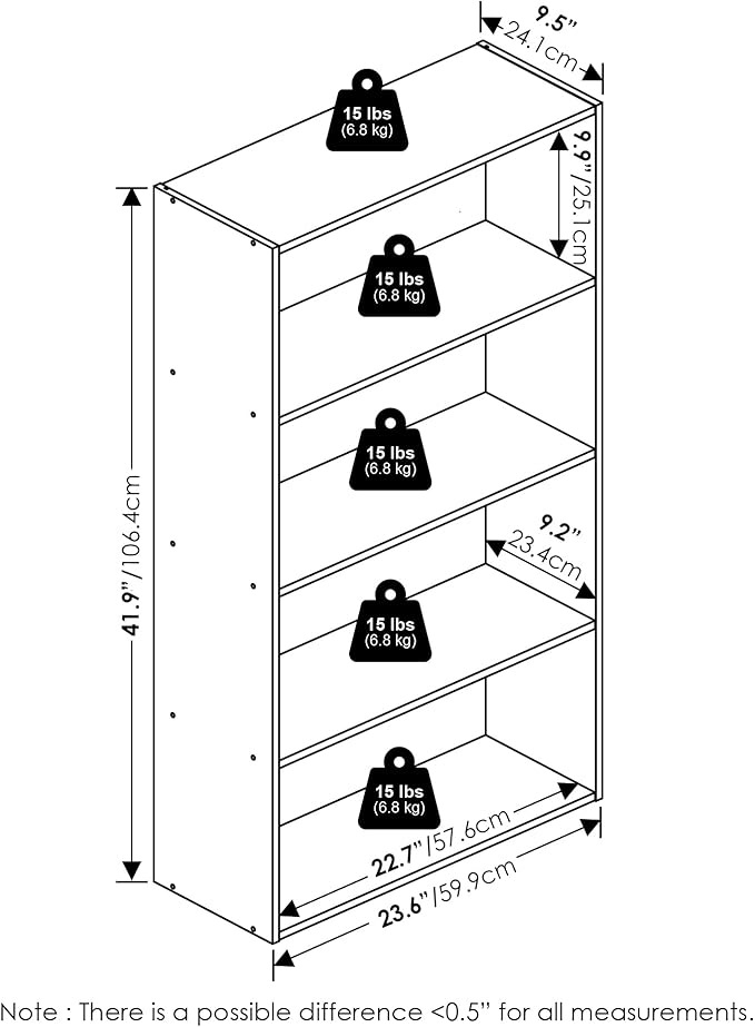 Furinno Jaya Book Shelf, 4-Tier Book Shelf, Bookcase with Open Shelving, Standing Bookshelf, 9.5 x 23.6 x 41.9, for Organization and Storage, for Home Office, Living Room, White