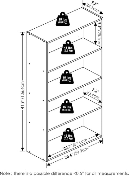 Furinno Jaya Book Shelf, 4-Tier Book Shelf, Bookcase with Open Shelving, Standing Bookshelf, 9.5 x 23.6 x 41.9, for Organization and Storage, for Home Office, Living Room, White
