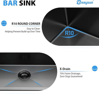15 In Gunmetal Black Drop Bar Sink 15 x 20 Inch Kitchen Sink 18 Gauge Stainless Steel Single Bowl Topmount Handmade Sink for Outdoor, RV, 15x20x9