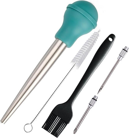 Turkey Baster Set of 5, Turkey Baster Syringe for Cooking, Meat Injector Baster &2 Needles&2 Cleaning Basting Brush, 18/8 Stainless Steel Baster for Flavor Meat Poultry, Beef&Chicken Teal
