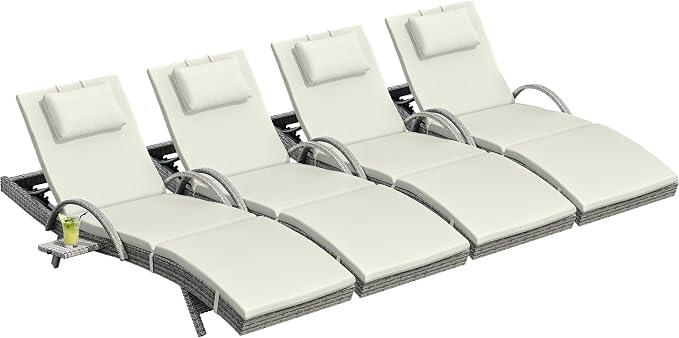 YITAHOME Wicker Chaise Lounge Outdoor, Rattan Pool Lounge Chair Reclining Chaise Lounge Set of 4 w/Pull-Out Desktop, 5-Position Backrest, Headrest & Cushion, Armrests for Poolside, Beach(Beige)