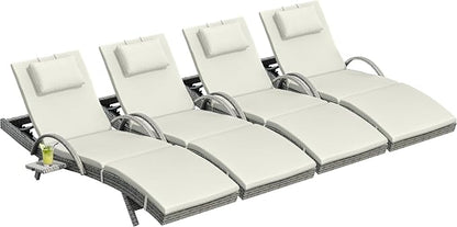YITAHOME Wicker Chaise Lounge Outdoor, Rattan Pool Lounge Chair Reclining Chaise Lounge Set of 4 w/Pull-Out Desktop, 5-Position Backrest, Headrest & Cushion, Armrests for Poolside, Beach(Beige)